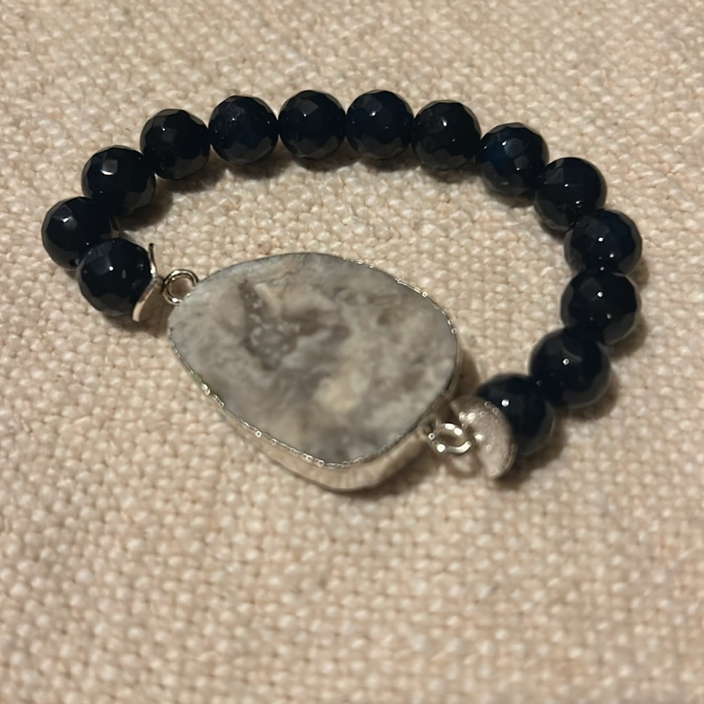 ELISE M. Stardust Semi Precious Stone Lapis Blue Beaded Druzy Stretch Bracelet